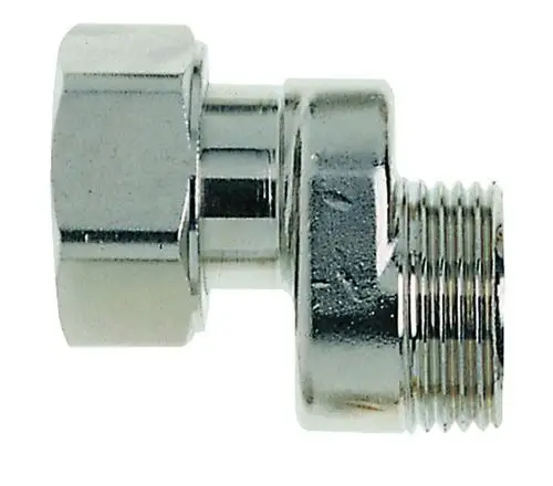 Verchromter S-Anschluss von IMI Hydronic Engineering mit gewinde, zum Ausgleich unterschiedlicher Achsabstände in Heizungsinstallationen.